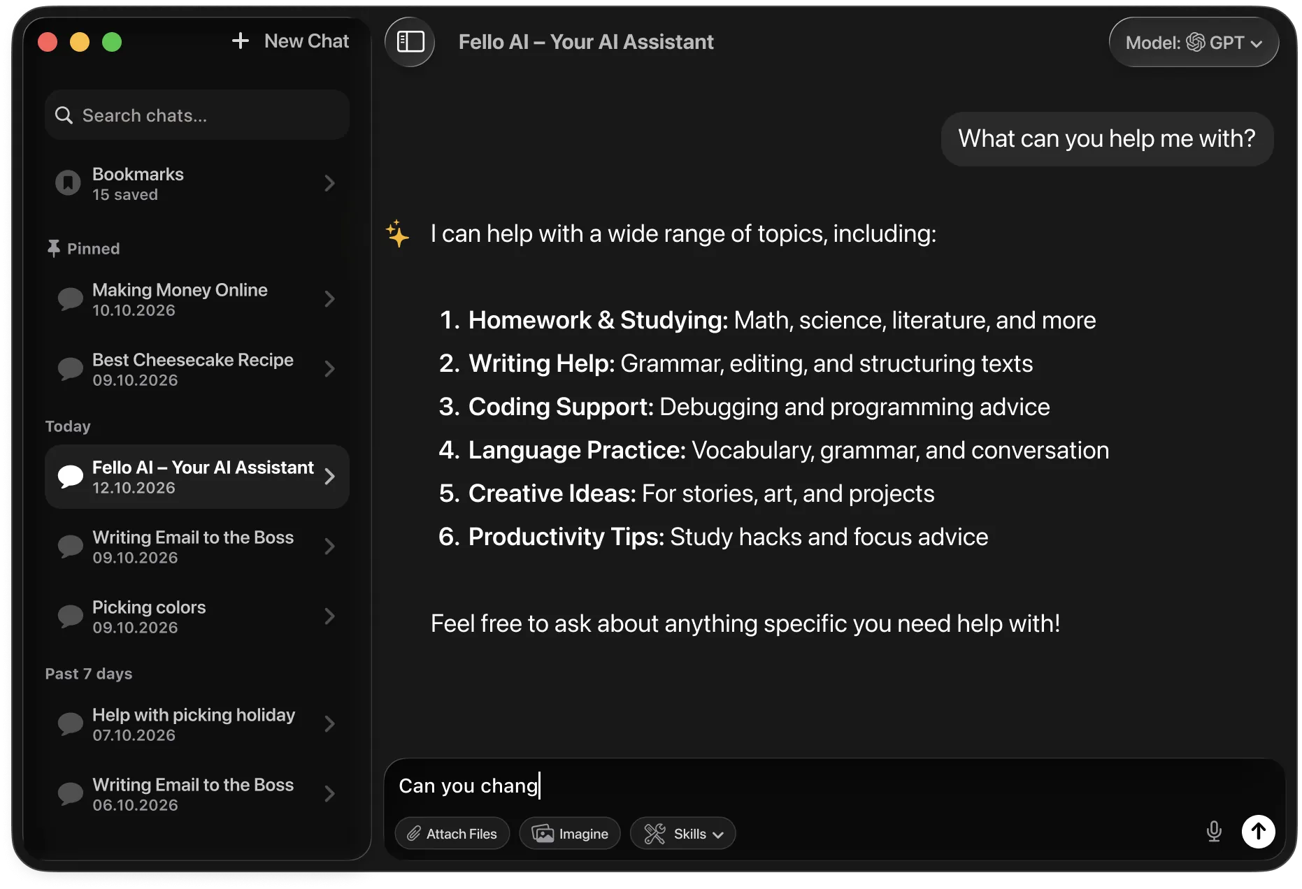 Fello AI on macOS with the model picker open, showing 9 AI models