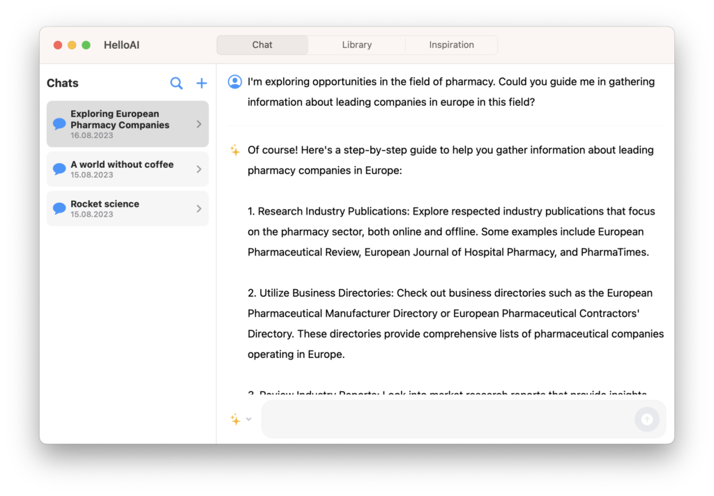 An example of discussion with HelloAI chatbot showing how it can be utilized for the purpose of researching companies for job opportunity within a given field.