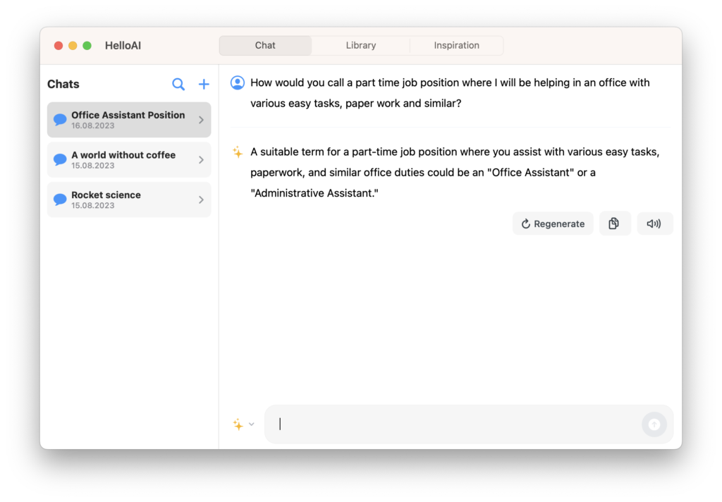 An example of discussion with HelloAI chatbot showing how it can be utilized for the purpose of finding the right name of a described job position.