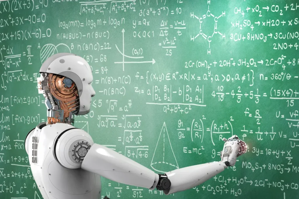 AI robor writing math equasions on the whiteboard.