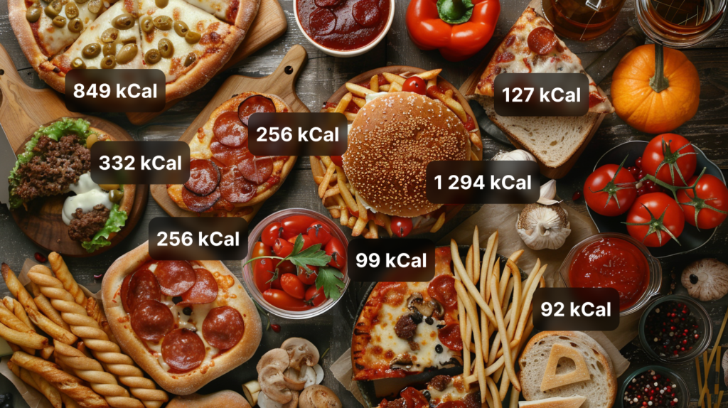 Top-down view of a wooden table filled with various foods like pizza, burgers, fries, and fresh vegetables, with digital overlays displaying calorie counts (kCal) for each item to illustrate AI nutrition tracking.