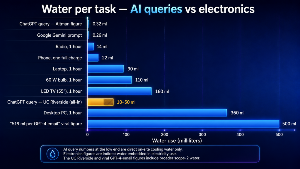 Bar chart titled “Water per task — AI queries vs electronics” comparing estimated water use in milliliters for AI queries and common electronics. It shows ChatGPT and Gemini prompts at under 1 ml, compared with larger indirect electricity-related figures such as a laptop, LED TV, desktop PC, and a high-end GPT-4 email estimate.