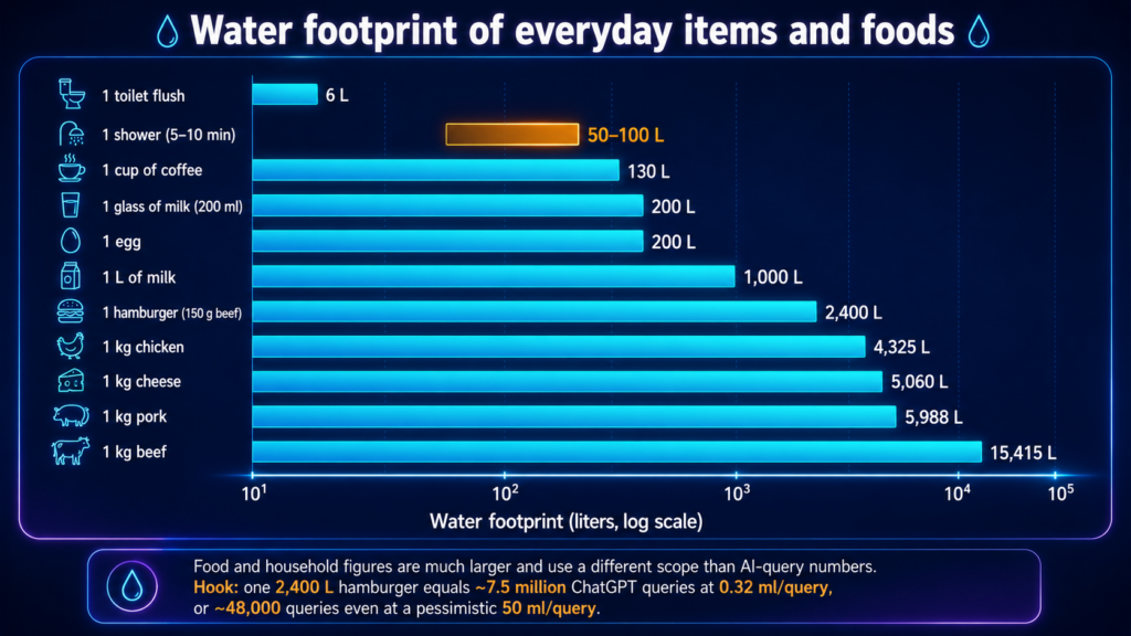 Log-scale bar chart titled “Water footprint of everyday items and foods” comparing household and food water footprints in liters. It shows everyday items such as a toilet flush, shower, coffee, milk, eggs, and meat, with beef at the highest value of 15,415 liters per kilogram.