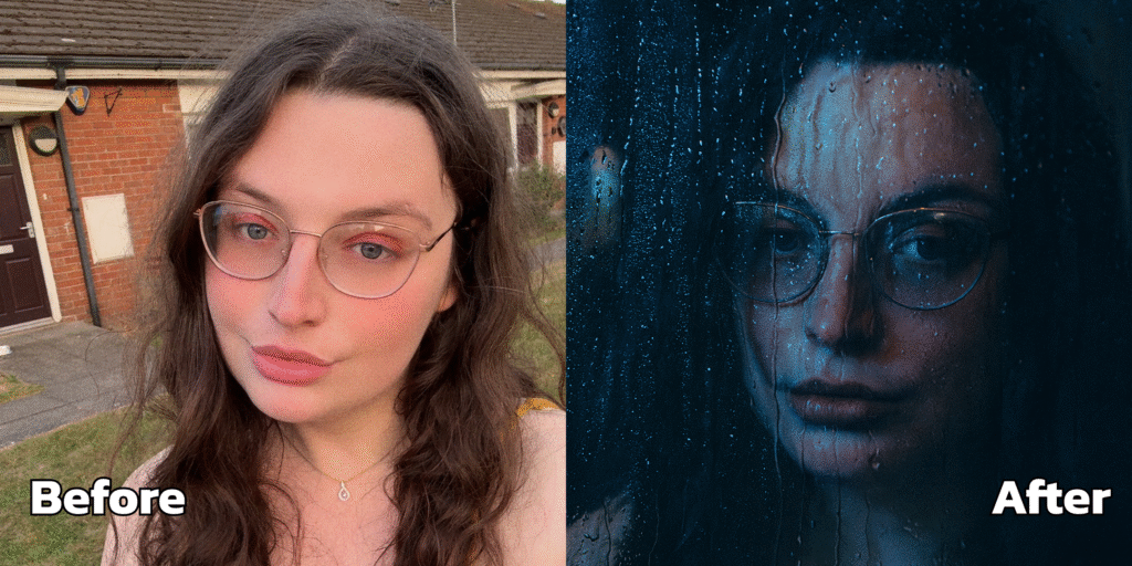 Before-and-after of a woman in front of a house; transformed into a dramatic rain-covered window portrait.