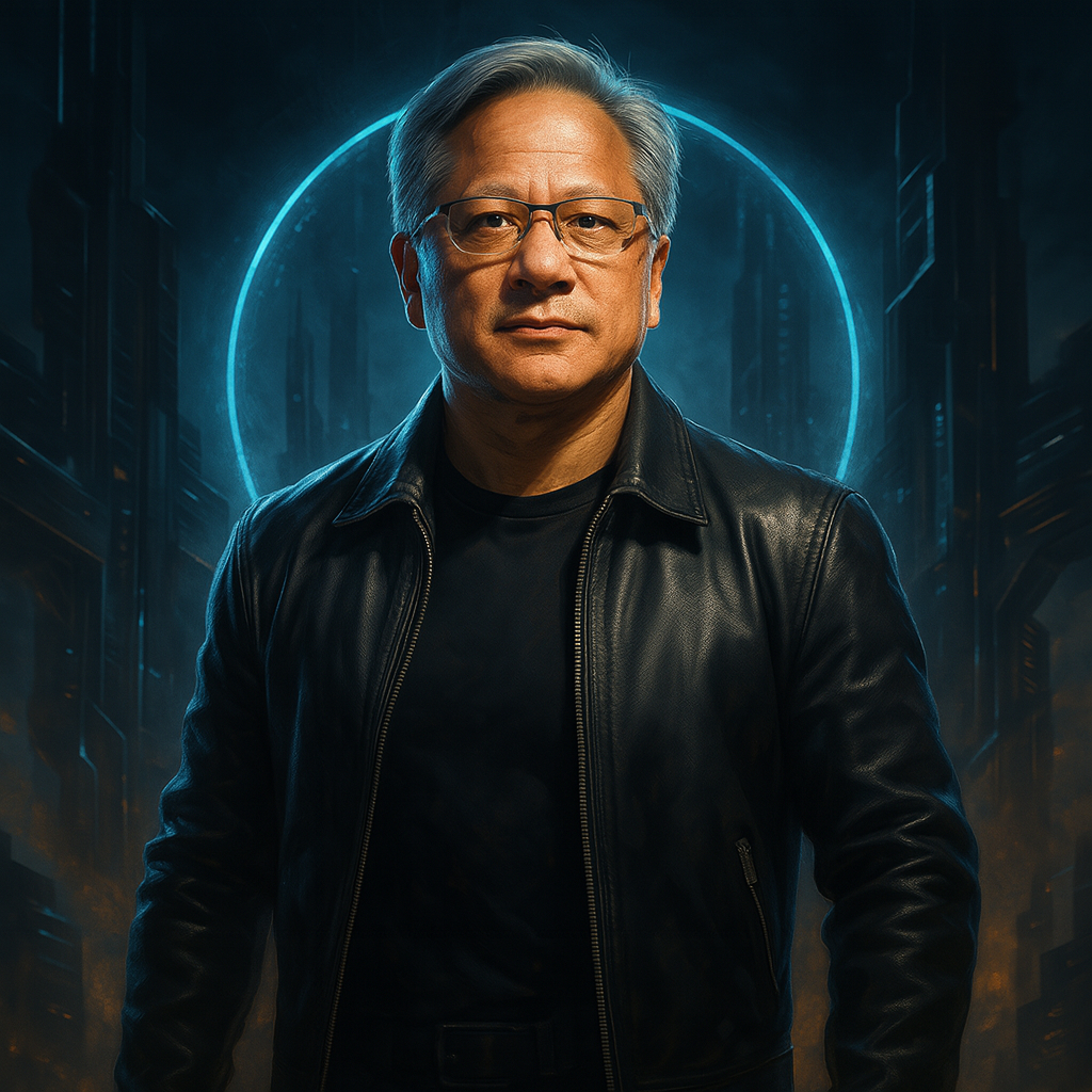 Portrait of Jensen Huang, CEO of NVIDIA, dressed in a black leather jacket, standing confidently with a glowing sci-fi background.