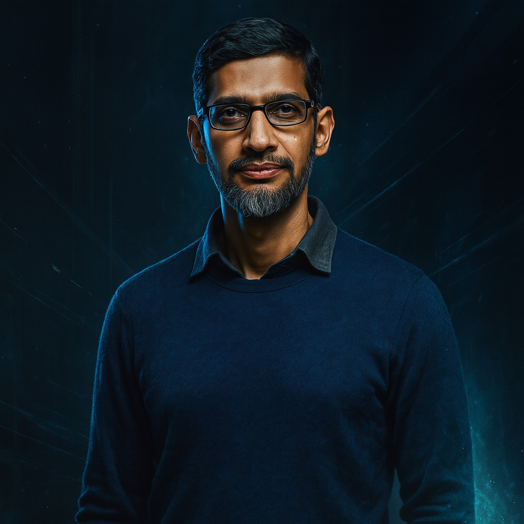 Portrait of Sundar Pichai, CEO of Google and Alphabet, wearing glasses and a dark sweater in a moody, futuristic setting.