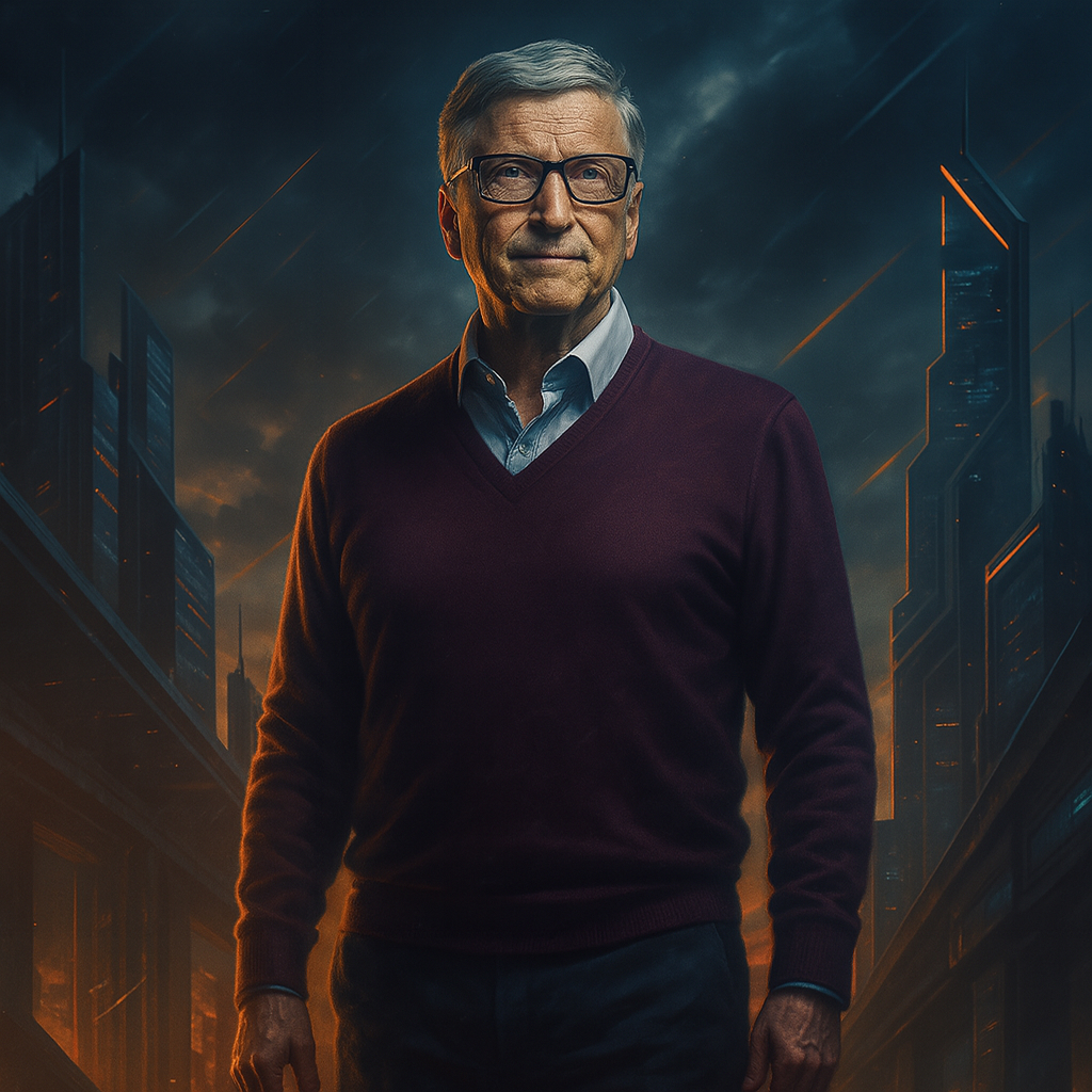 Portrait of Bill Gates, co-founder of Microsoft, wearing a burgundy sweater, standing against a dramatic cityscape.