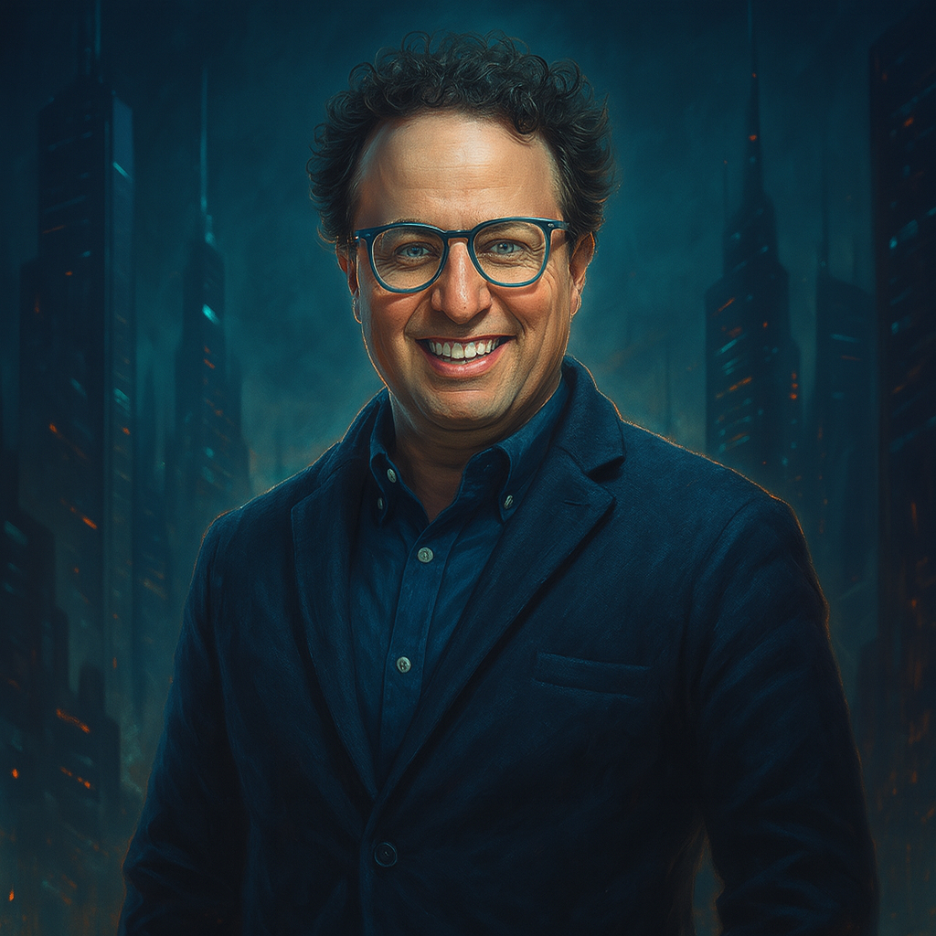Portrait of Dario Amodei, CEO of Anthropic, smiling in a blue blazer with a stylized AI-era city behind him.