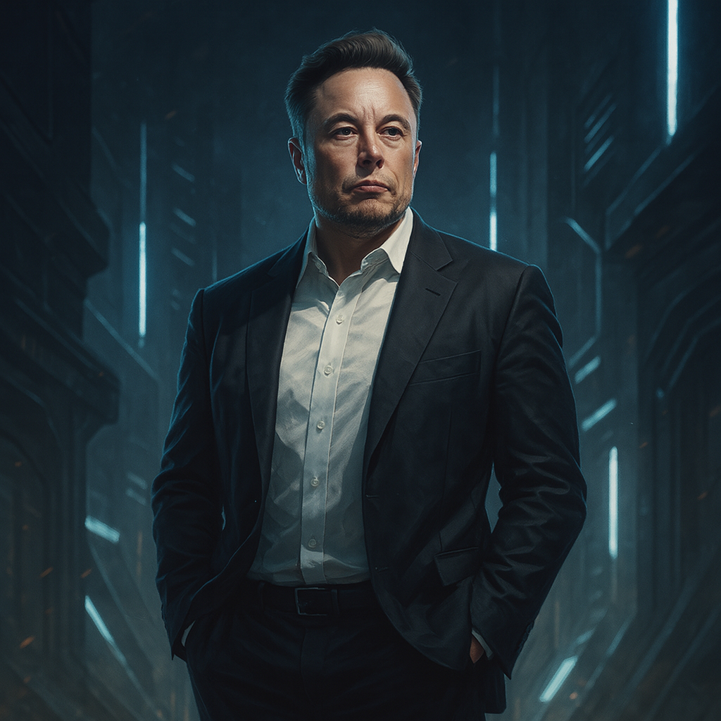 Portrait of Elon Musk, CEO of Tesla and SpaceX, in a suit with a futuristic tech-city backdrop.
