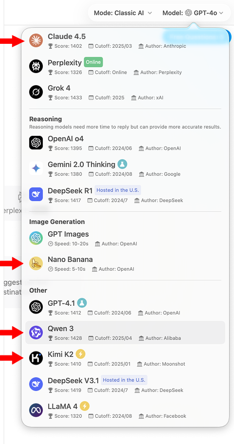 Dropdown menu in Fello AI showing a list of available AI models, including Claude 4.5, Nano Banana, Qwen 3, and Kimi K2, with performance scores, cutoff dates, and authors.