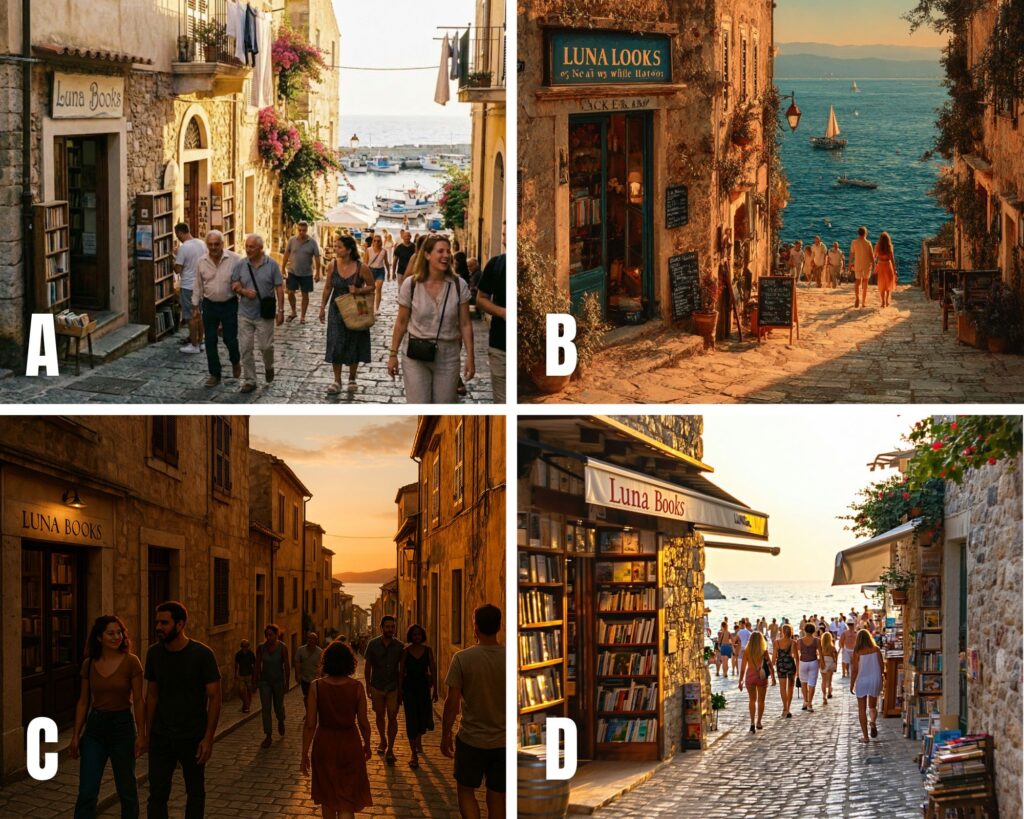 Four AI-generated images of the same Mediterranean stone street with a bookshop called Luna Books, labeled A, B, C and D, showing how different AI image generators interpret one prompt with people walking toward the sea at sunset