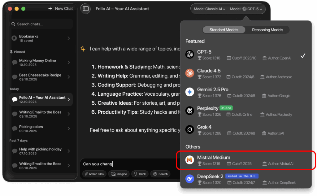 Screenshot of the Fello AI macOS app in dark mode. On the left is the chat sidebar with recent conversations. In the main area is a chat titled ‘Fello AI – Your AI Assistant.’ On the right, the model selector is open, showing featured models like GPT-5, Claude 4.5, Gemini 2.5 Pro, Perplexity, and Grok 4. Under ‘Others,’ the Mistral Medium model is highlighted with a red outline.