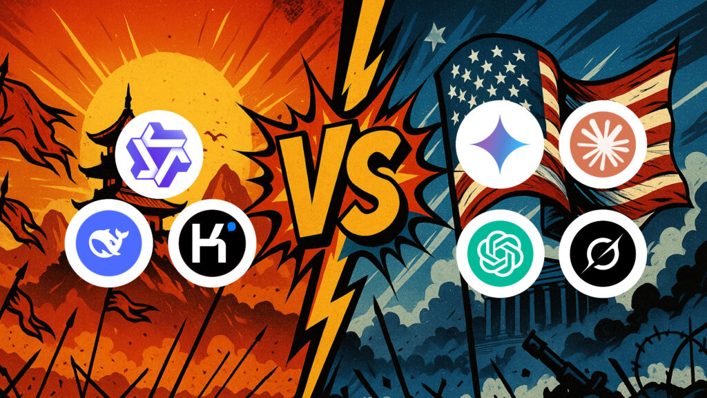 A 16:9 comic-book style illustration showing a dramatic “VS” battle scene split into two sides. The left side, themed in red and gold, represents China with a pagoda silhouette and battlefield scenery. It features logos of Chinese open-source AI models, including DeepSeek, Qwen, and Kimi. The right side, themed in blue and white, represents the USA with an American flag and ruined battlefield environment. It displays logos of major U.S. closed-source AI models, including Claude, ChatGPT, Grok, and Gemini. A bold “VS” graphic is centered between the two contrasting sides.