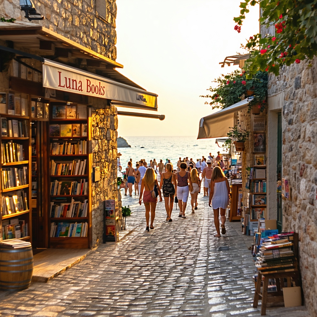 Bright seaside alley paved with cobblestones, lined with stone buildings and overflowing bookshelves from a Luna Books store on the left, leading to a busy beach where people walk toward the sea in evening light.