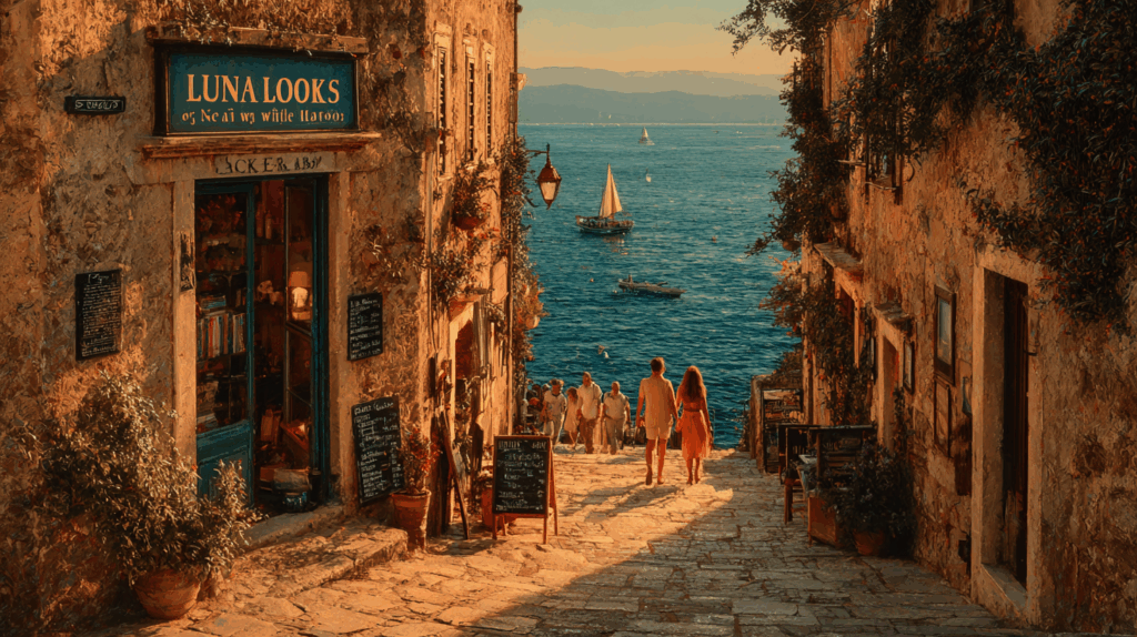 Photorealistic scene of a narrow Mediterranean stone street at sunset with a small Luna Books shop on the left and a crowd of people walking toward a harbor full of boats in warm golden light.
