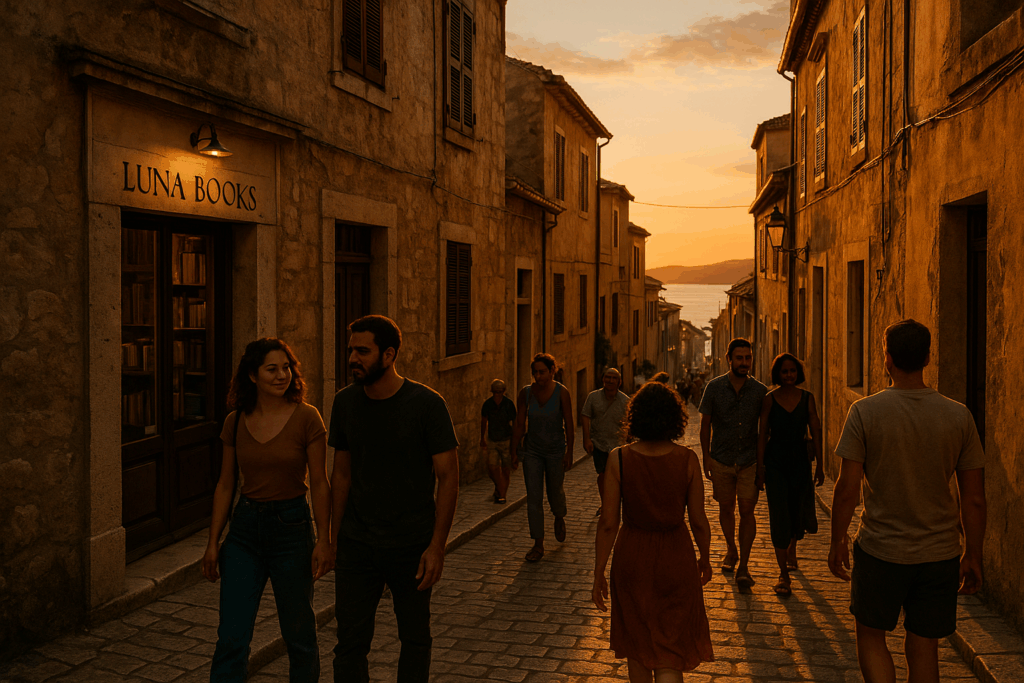 Moody golden-hour photograph of a narrow stone street sloping toward the sea, with a Luna Books storefront on the left and several people walking and talking in deep sunset shadows.