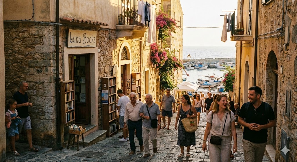 "Photorealistic scene of a narrow Mediterranean stone street at sunset with a small Luna Books shop on the left and a crowd of people walking toward a harbor full of boats in warm golden light."