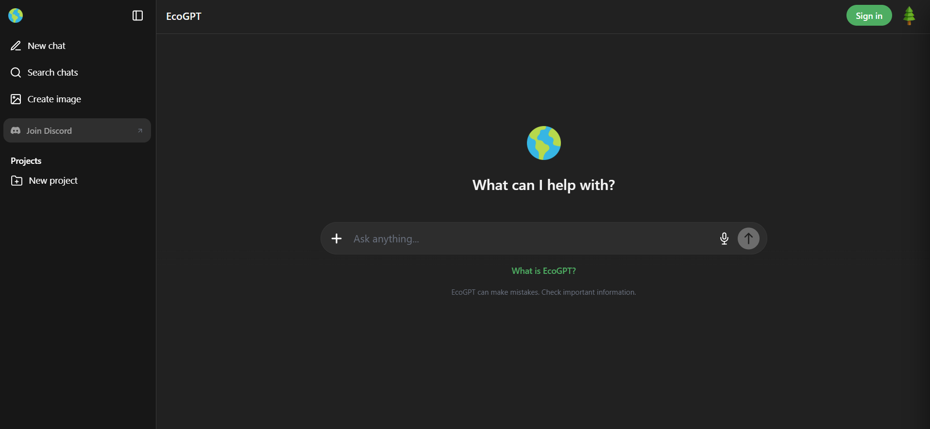 EcoGPT chat interface showing the New chat, Search chats, and Create image options in the left sidebar