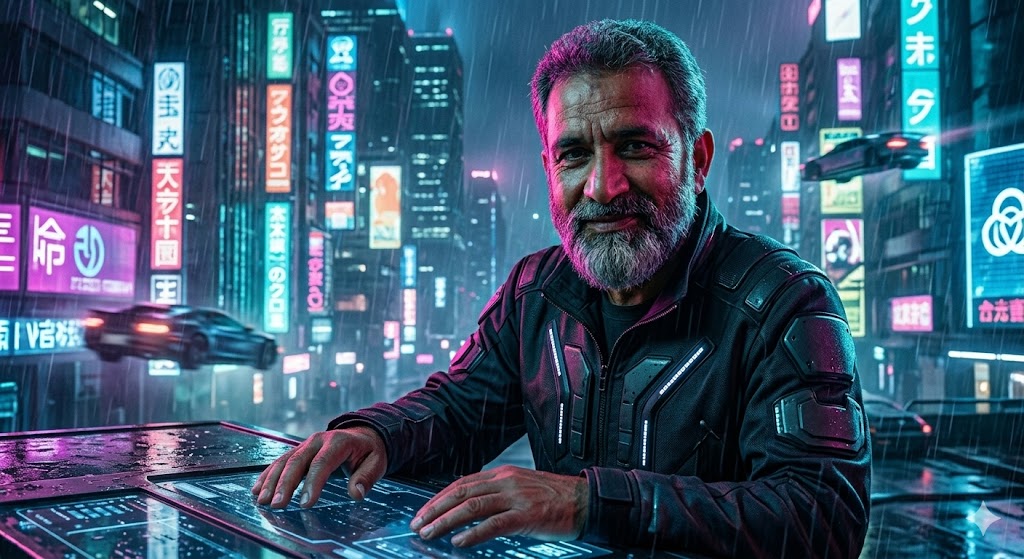 Selfie transformed into a cyberpunk neon portrait with a Gemini AI photo prompt