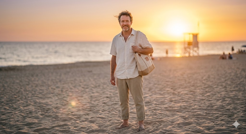 Selfie transformed into a golden hour beach portrait portrait with a Gemini AI photo prompt