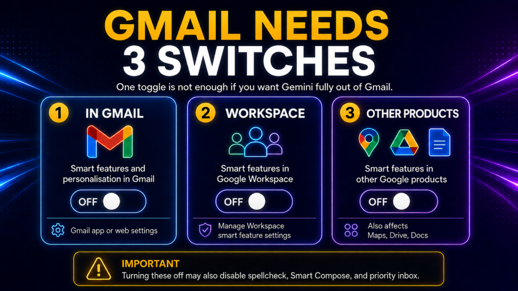 Infographic titled “Gmail Needs 3 Switches” explaining the three separate Gmail and Google Workspace smart feature toggles needed to fully turn off Gemini, with Gmail, Workspace, Maps, Drive, and Docs icons plus an important warning about losing spellcheck, Smart Compose, and priority inbox.