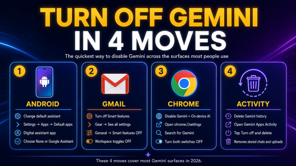 Infographic titled “Turn Off Gemini in 4 Moves” showing four quick steps to disable Google Gemini across Android, Gmail, Chrome, and Gemini Activity, with neon app icons, off-toggle styling, and a dark blue-purple tech background.