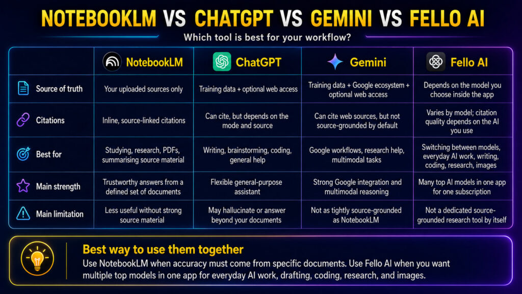 Comparison infographic titled “NotebookLM vs ChatGPT vs Gemini vs Fello AI” showing a four-column side-by-side table that compares the tools across source of truth, citations, best use cases, main strengths, and main limitations. The graphic highlights NotebookLM for source-grounded research, ChatGPT and Gemini for broader general-purpose AI tasks, and Fello AI as a multi-model app that lets users access several top AI models in one place for one subscription.