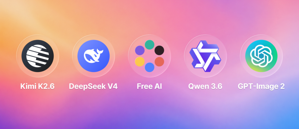 Colorful Fello AI promo graphic showing five newly added AI models: Kimi K2.6, DeepSeek V4, Free AI, Qwen 3.6, and GPT-Image 2.