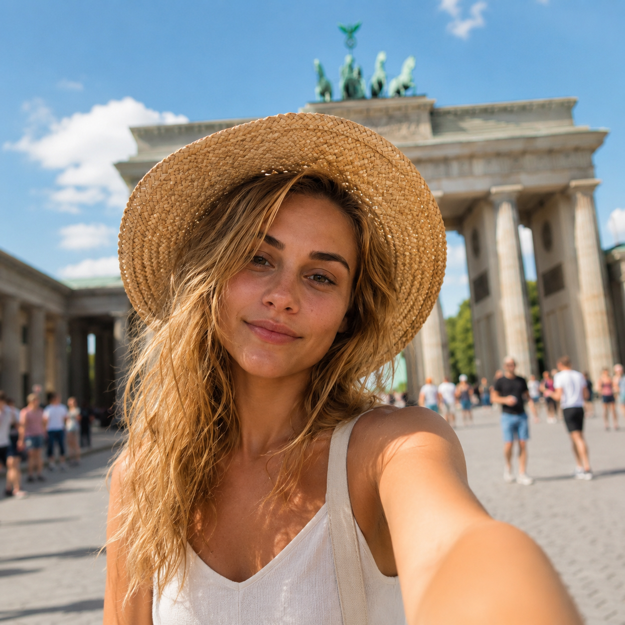 AI travel photo of a woman in a straw hat taking a selfie in front of the Brandenburg Gate in Berlin on a sunny day