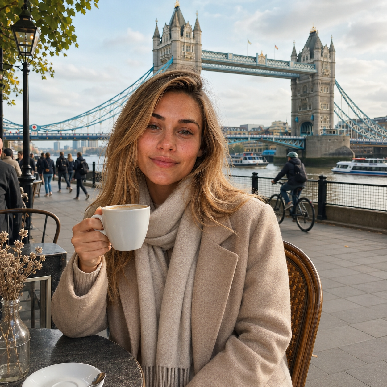 AI travel photo of a woman in a wool coat and scarf holding coffee at an outdoor London cafe with Tower Bridge behind her