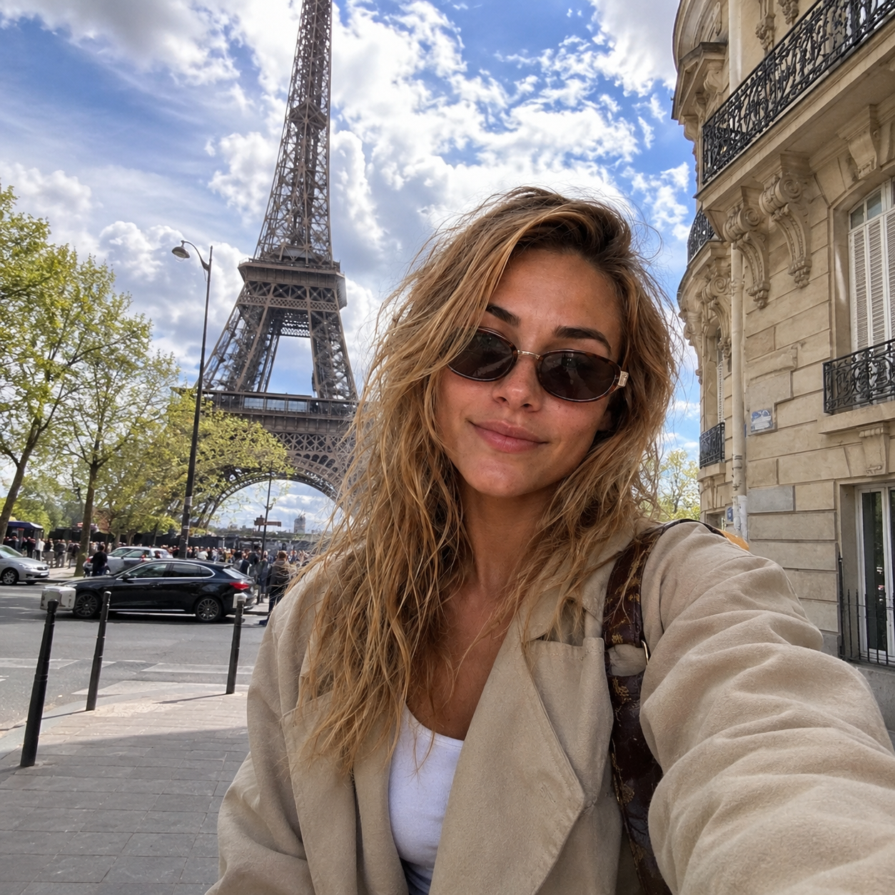 AI travel selfie of a woman in a beige jacket and sunglasses with the Eiffel Tower and a Paris street behind her