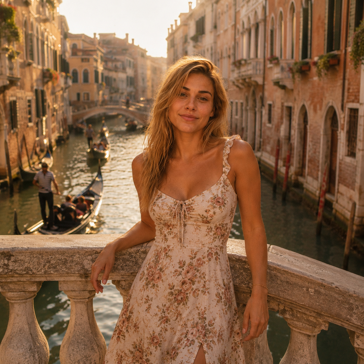 AI travel photo of a woman in a floral summer dress on a Venice stone bridge with gondolas on the canal behind her at golden hour