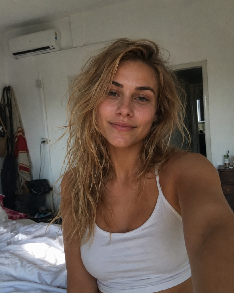 Unedited original selfie in a plain bedroom, the single source photo used for every AI travel photo prompt in this guide