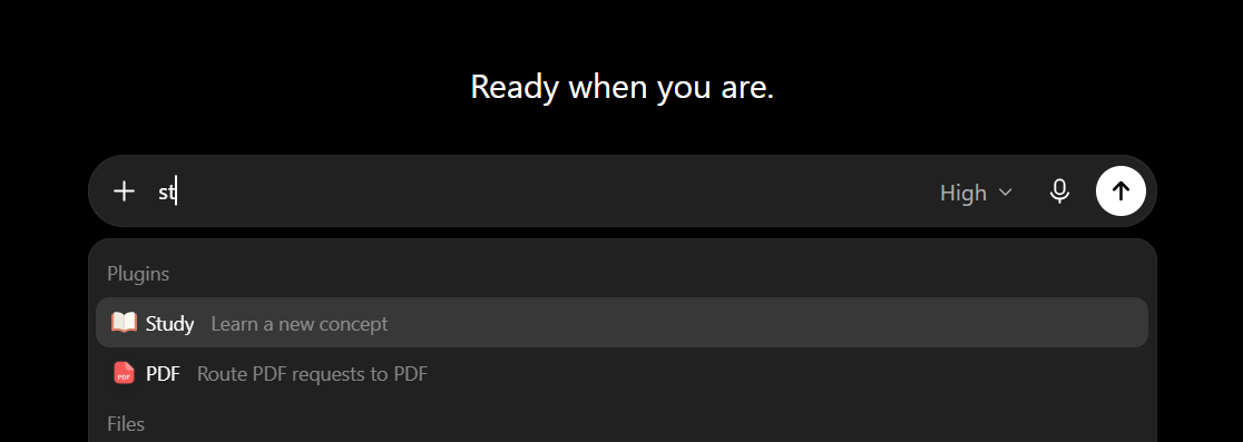 ChatGPT Study Mode being selected in the composer, with the Study option labelled Learn a new concept highlighted in the menu