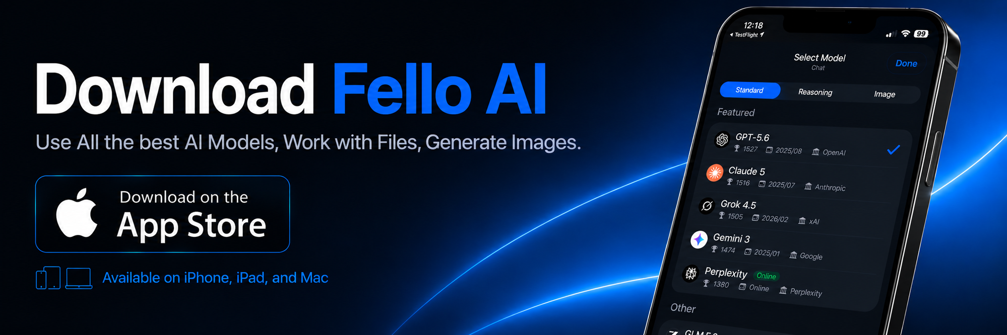 Download Fello AI to use all the best AI models, work with files and generate images, available on iPhone, iPad and Mac